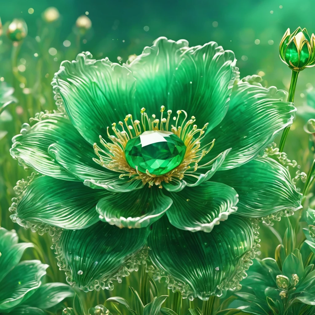 best quality, very good, 16K, ridiculous, Extremely detailed, Gorgeous transparent emerald flower, Background grassland（（A masterpiece full of fantasy elements）））， （（best quality））， （（Intricate details））（8k）