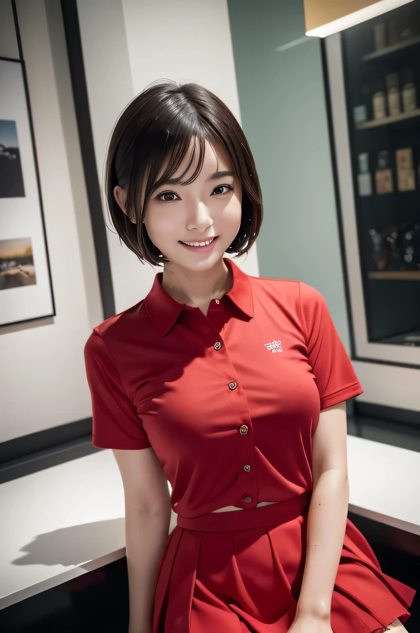 The beauty of 8K raw photos:2.0, Japanese woman, short hair, beautiful face and dark eyes, looking down, looking at the viewer:1.5, big smile, wet hair, tiny top, (mini skirt and red shirts:1.2), shinny skin, open wide legs, realistic:1.9, very detailed, full body shot:1.2, High resolution RAW color photos, professional photos, Taken at the museum, girl sexy portrait