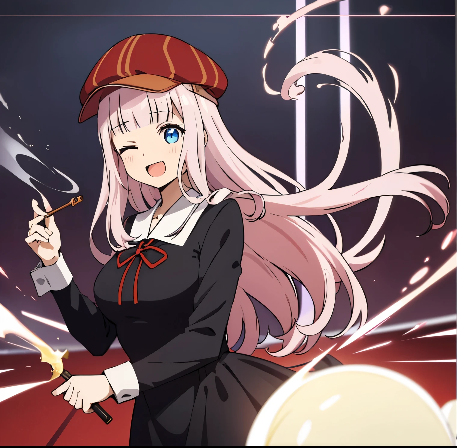 1girl, alone, chika fujiwara,masterpiece, best quality, highres,caustics, , black bow, black dress, red ribbon, long sleeves, blunt bangs, neck ribbon, collared dress, large breasts, holding smoking pipe,upper body, one eye closed, open mouth, smile, detective, blush, ;d,cute,red cabbie hat, headwear, hat bow,club activity, perfect hands, perfect anatomy,