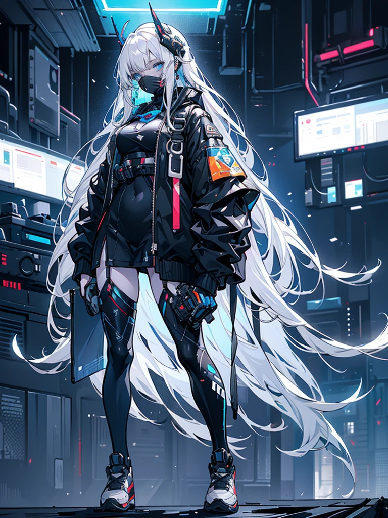 Alone, white hair, Long hair, Straight Hair, Deep blue eyes, Wear, Tech jacket, Thighs exposed, Cleavage, Small Breasts, Big Ass, thick sarcoid, (((Girl with tech mask and tech accessories))), White high-top sneakers, Background with cold neon lights and black, whole body,