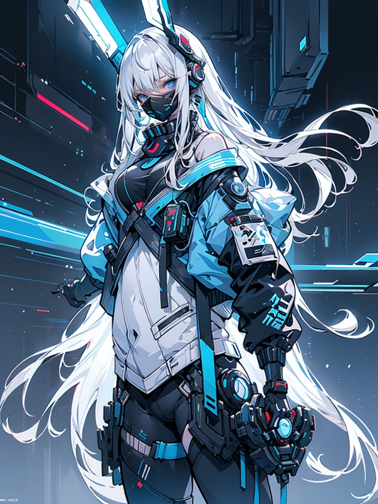 Alone, white hair, Long hair, Straight Hair, Deep blue eyes, Wear, Tech jacket, Thighs exposed, Cleavage, Small Breasts, Big Ass, thick sarcoid, (((Girl with tech mask and tech accessories))), White high-top sneakers, Background with cold neon lights and black, whole body,

