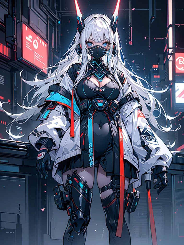 Alone, white hair, Long hair, Straight Hair, Deep blue eyes, Wear, Tech jacket, Thighs exposed, Cleavage, Small Breasts, Big Ass, thick sarcoid, (((Girl with tech mask and tech accessories))), White high-top sneakers, Background with cold neon lights and black, whole body,