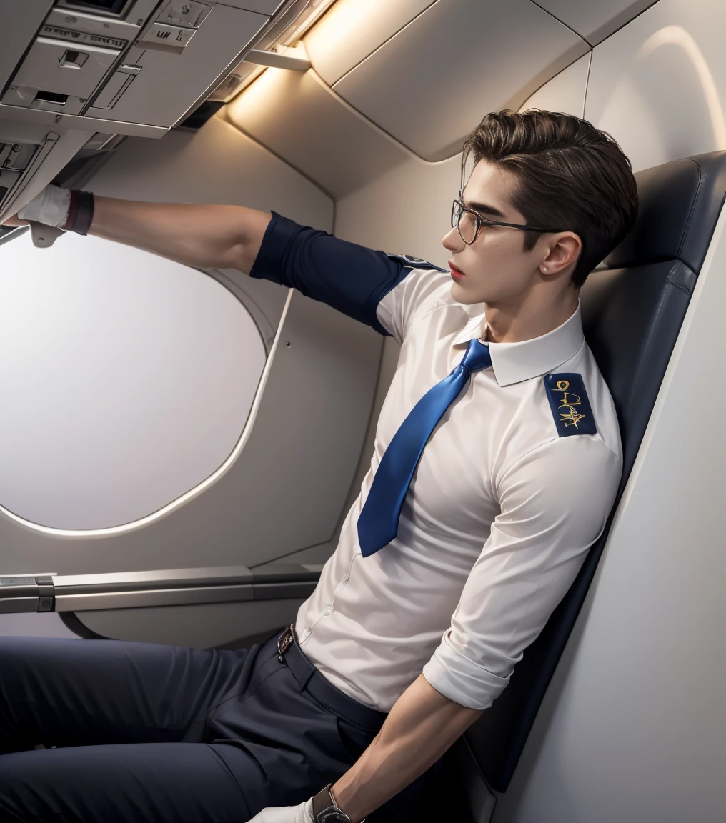 HD quality, high definition, a male flight attendant 20 years old handsome, muscular and slim, red lips, leaning against wall inside aircraft, ((exposed vagina)) , wearing open cabin crew polo uniform, model with bracelets, earrings, with eye glasses, fully nude and naked body, eyebrowse angry, side view, wearing shoes, sexy and seductive, very wet bofy, very wet hair, ((exposed Vagina)), ((with necktie on the neck)), with gloves, full body view, with captain cap