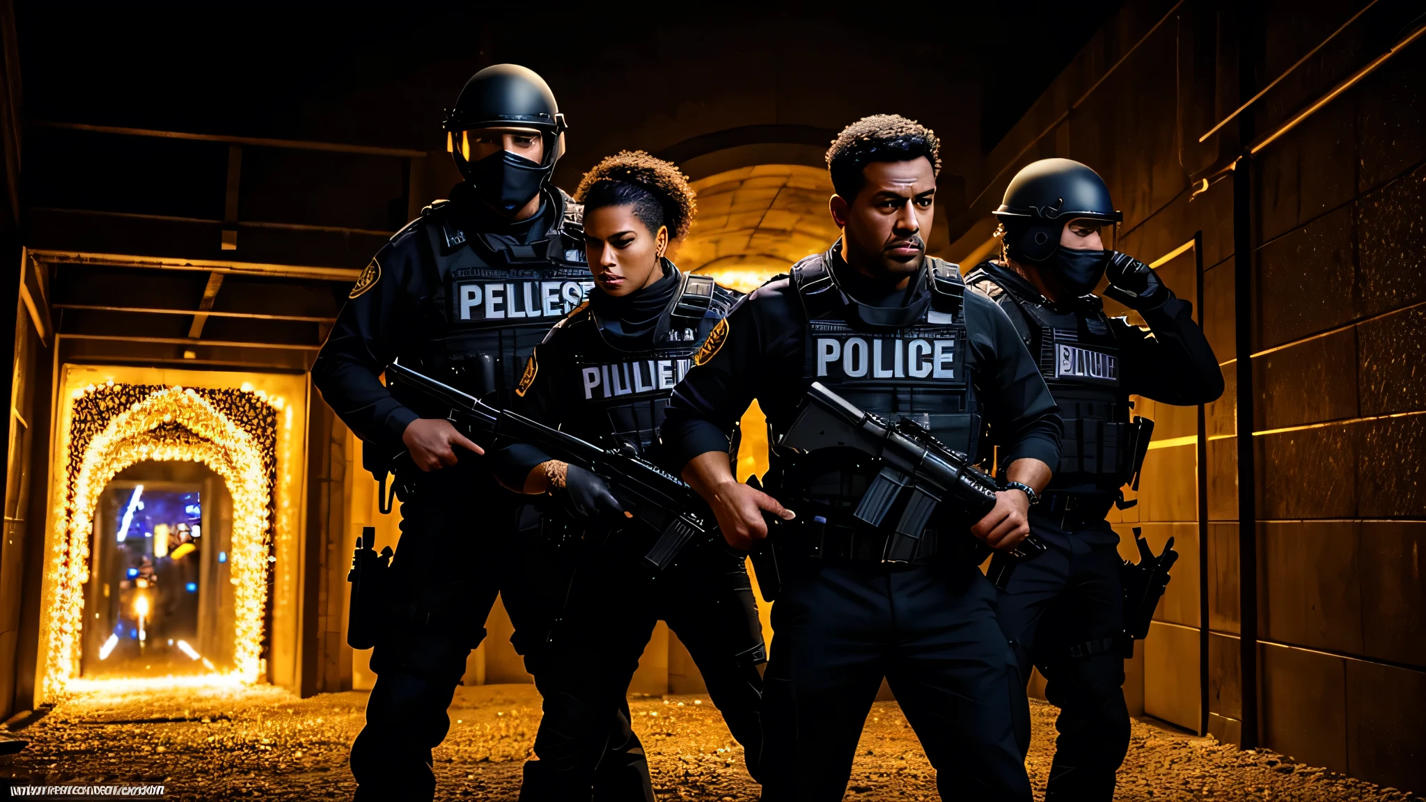 (best quality,4k,highres,masterpiece:1.2),ultra-detailed,realistic, HDR,UHD,studio lighting,physically-based rendering, extreme detail description,professional,vivid colors,bokeh,highly detailed background,black background, sharp focus, highly detailed robbers, detailed hostages,furious negotiation scene,police officer with megaphone, highly detailed getaway tunnel,romantic silhouette lighting, vibrant colors, bold outlines, piles of cash and jewels, dynamic composition, striking contrasts, dynamic angles, multiple layers, intense expressions, rich textures