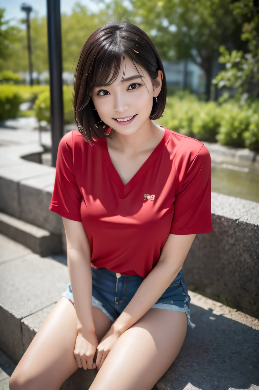 The beauty of 8K raw photos:2.0, Japanese woman, short hair, beautiful face and dark eyes, looking down, looking at the viewer:1.5, big smile, wet hair, tiny top, (shorts and red shirts:1.2), shinny skin, open wide legs, realistic:1.9, very detailed, full body shot:1.2, High resolution RAW color photos, professional photos, Taken at the museum of art, girl sexy portrait