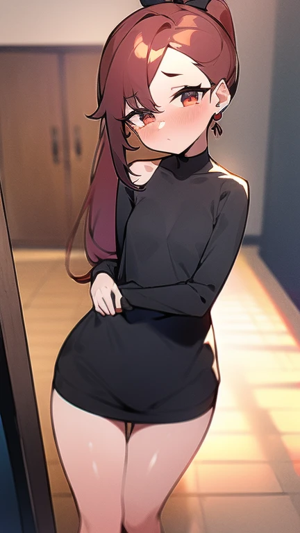 Adulta, Cabello negro ondulado, mirada penetrante con ojos profundos de color rojo, estatura promedio, Silky hair with a ponytail hairstyle collected with a red bow with two white lines, tiene pechos grandes, primer plano, Session, standing in the middle of his room [[[[pervertida]]] , Sonrojada, transparent lingerie, NSFW, showing my ass to the camera 