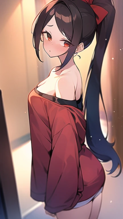 Adulta, Cabello negro ondulado, mirada penetrante con ojos profundos de color rojo, estatura promedio, Silky hair with a ponytail hairstyle collected with a red bow with two white lines, tiene pechos grandes, primer plano, Session, standing in the middle of his room [[[[pervertida]]] , Sonrojada, transparent lingerie, NSFW, showing my ass to the camera 