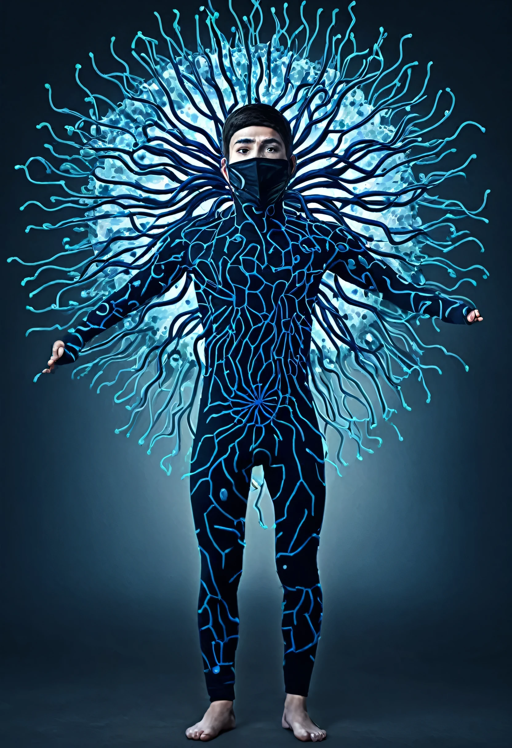 draw a person spreading a virus all over his body coming to his brain