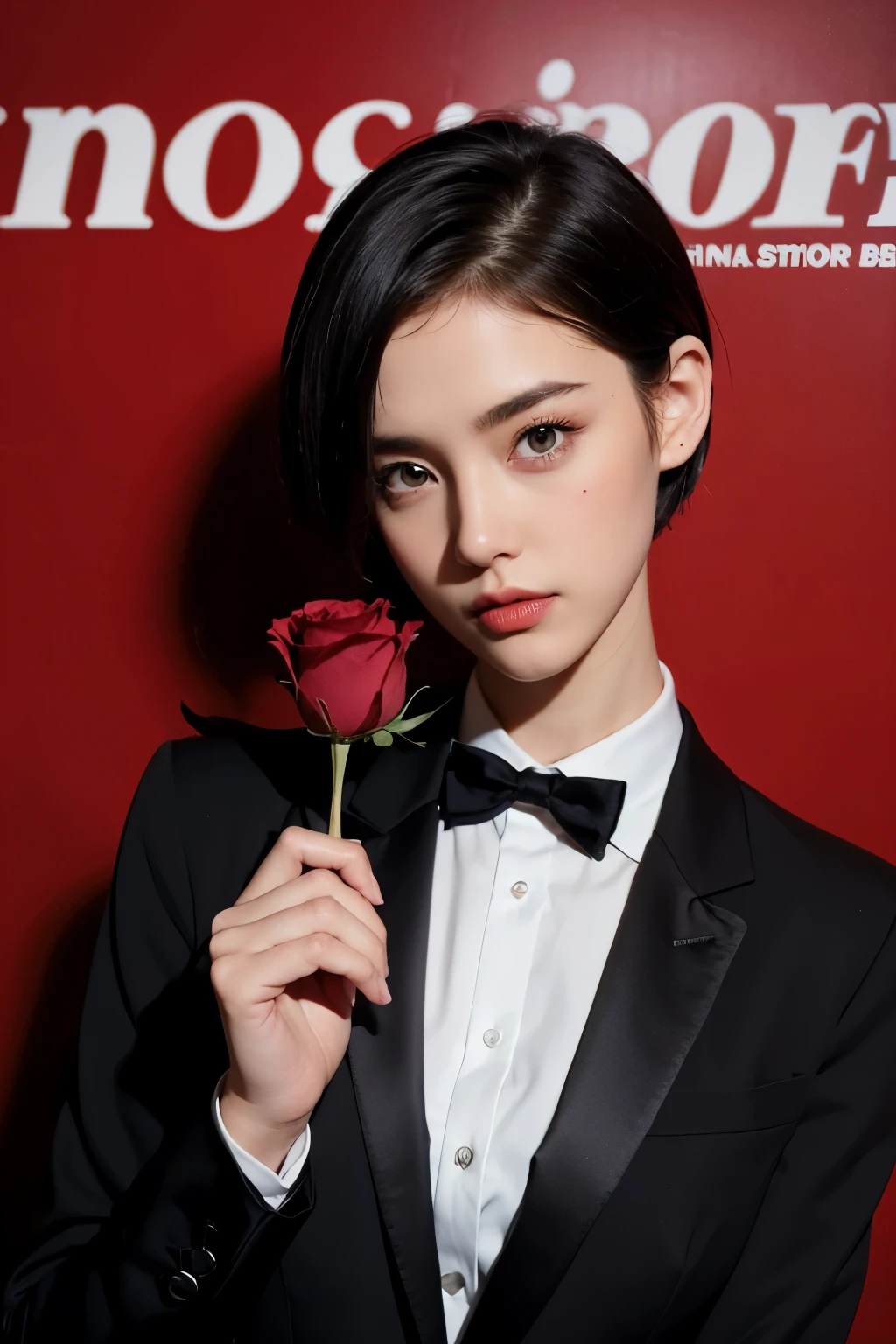 Background and model as is, Beautiful woman holding a red rose, in tuxedo, magazine pose, short cut hair,