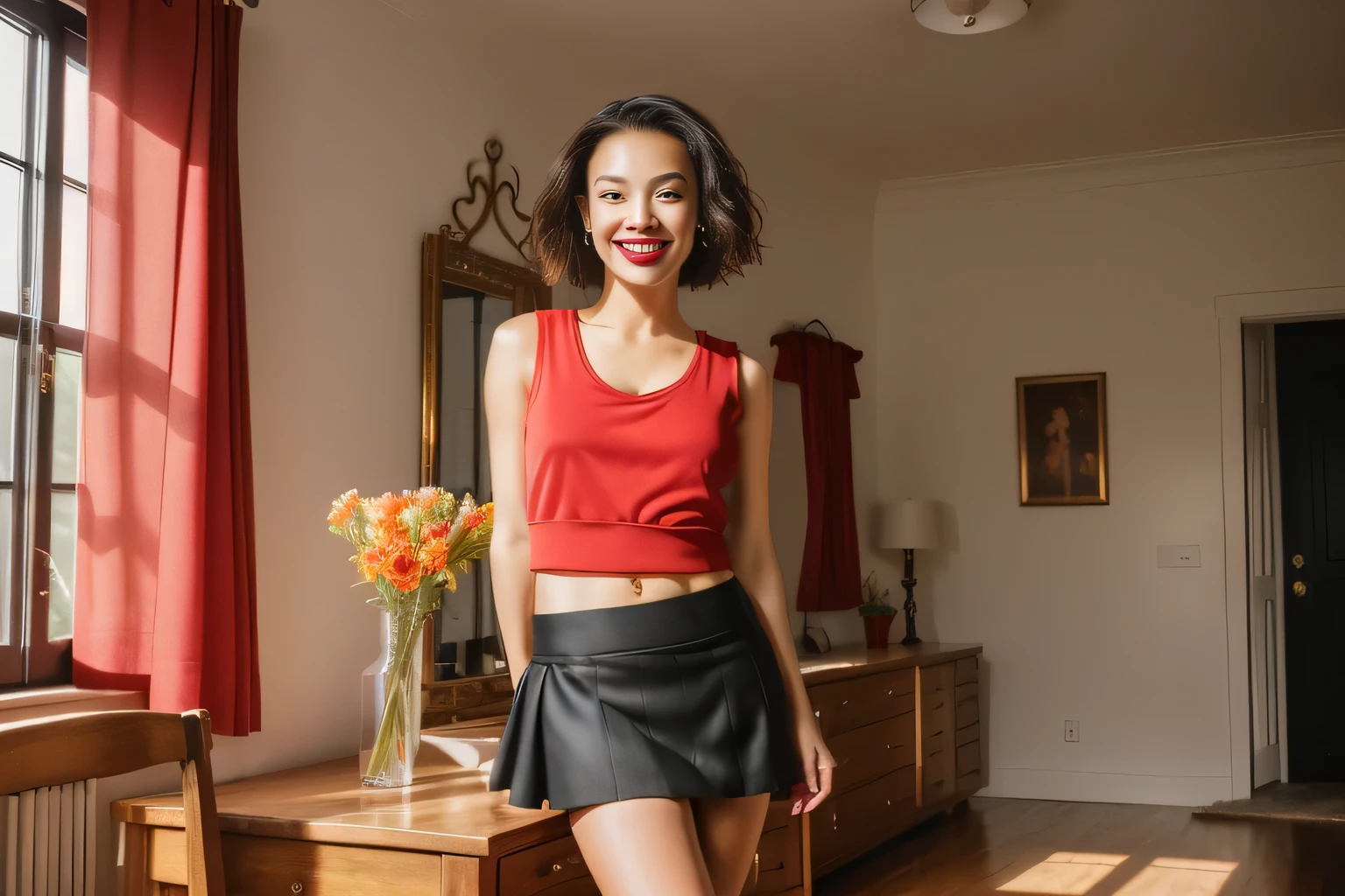 In the image, a light brunette woman is standing in a room with wooden floors and furniture, leaning on a chair. woman in a red tank top and black skirt standing next to a white dog, wearing shorts/skirt, wearing a tank top and shorts/skirt, photo from the middle of the waist up, wearing red shorts, attacking the camera :4, with a red skirt, wearing red blouse and black shorts/skirt, wearing skirt, dressed in top and shorts, wearing honey themed mini skirt, wearing tight and simple clothes, full body wide shot, full body shot, mini skirt. She has short hair and wears a vibrant red tank top ((((red tank top))) and a short black skirt ((((short black skirt)))). Standing and leaning on a chair. The room around her. It is bright, with wooden furniture and patterned carpet.The room appears to be a dining area, as indicated by the table and chairs in the background, smiling and charming, it seems to contain a world of wonder and her face is the definition of highly realistic beauty. , reddish skin, beautiful and slightly plump lips, red lipstick, smiling, feeling of lightness and joy, very elaborate skin, full body photo, clear photo, high quality, high resolution, masterpiece, high quality), Ultra HD, High Contrast, Print Masterpiece 16K:1.3, High Resolution, (Photographically Realistic) HD, High Contrast, High Resolution, (Photographically Realistic Resolution, (Photographically Realistic)).