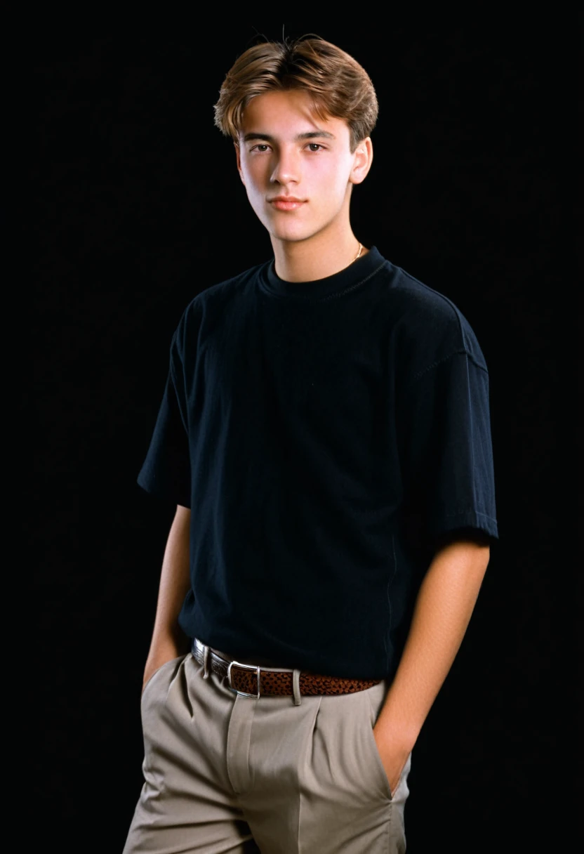 1996 style, wealthy style clothing, twenty two year old man, brown short hair, blank black background, 90s clothing, 1990s, studio portrait