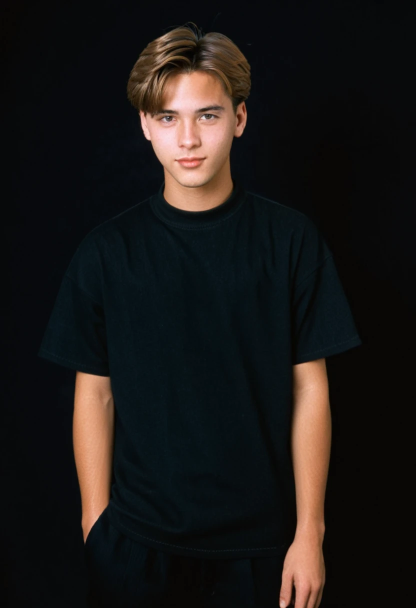1996 style, wealthy style clothing, twenty two year old man, brown short hair, blank black background, 90s clothing, 1990s, studio portrait