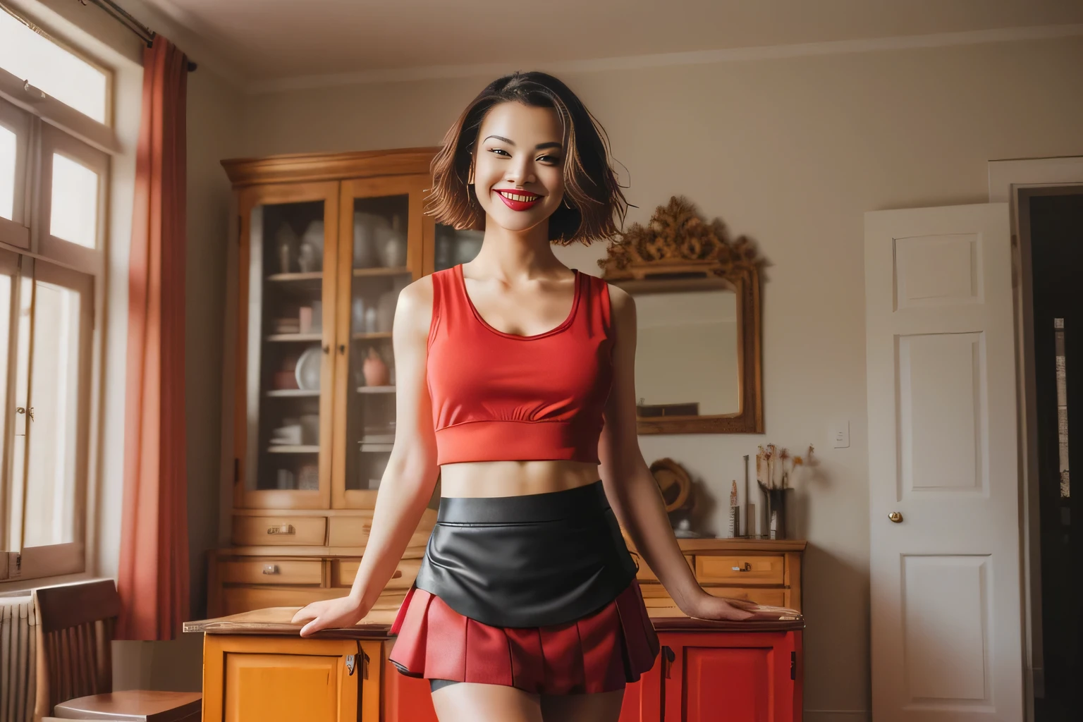 In the image, a light brunette woman is standing in a room with wooden floors and furniture, leaning on a chair. woman in a red tank top and black skirt standing next to a white dog, wearing shorts/skirt, wearing a tank top and shorts/skirt, photo from the middle of the waist up, wearing red shorts, attacking the camera :4, with a red skirt, wearing red blouse and black shorts/skirt, wearing skirt, dressed in top and shorts, wearing honey themed mini skirt, wearing tight and simple clothes, full body wide shot, full body shot, mini skirt. She has short hair and wears a vibrant red tank top ((((red tank top))) and a short black skirt ((((short black skirt)))). Standing and leaning on a chair. The room around her. It is bright, with wooden furniture and patterned carpet.The room appears to be a dining area, as indicated by the table and chairs in the background, smiling and charming, it seems to contain a world of wonder and her face is the definition of highly realistic beauty. , reddish skin, beautiful and slightly plump lips, red lipstick, smiling, feeling of lightness and joy, very elaborate skin, full body photo, clear photo, high quality, high resolution, masterpiece, high quality), Ultra HD, High Contrast, Print Masterpiece 16K:1.3, High Resolution, (Photographically Realistic) HD, High Contrast, High Resolution, (Photographically Realistic Resolution, (Photographically Realistic)).