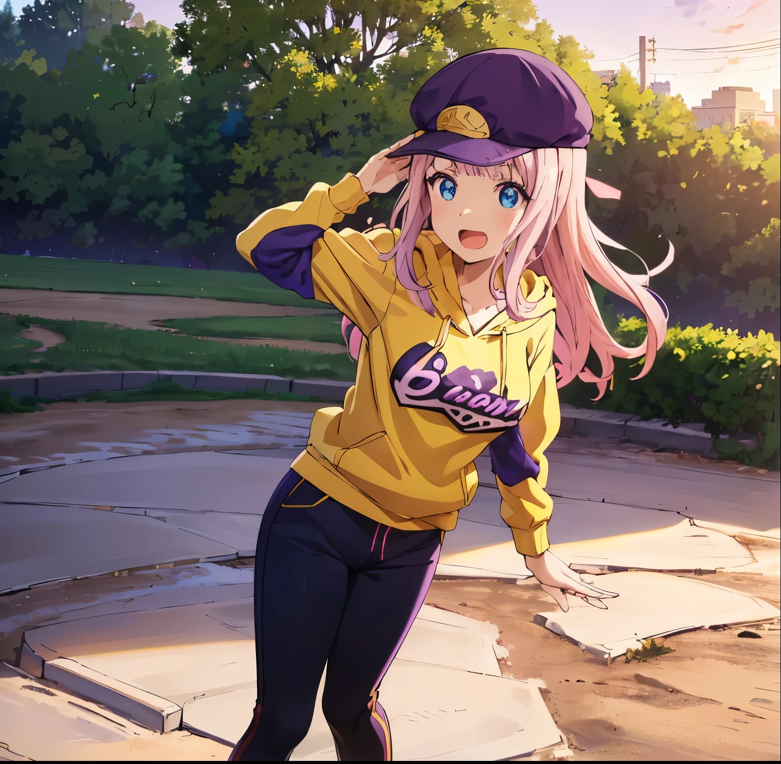 1girl, alone,chika fujiwara,best quality, (masterpiece:1.2), detailed, (kaguya-sama, open mouth, smile,
pink hair, blue eyes, long hair,
yellow hoodie, black pants, baseball cap, (purple cap:1.3), backwards hat,
standing, adjusting headwear, looking at the viewer,
outdoors, grass, perfect hands, perfect anatomy,