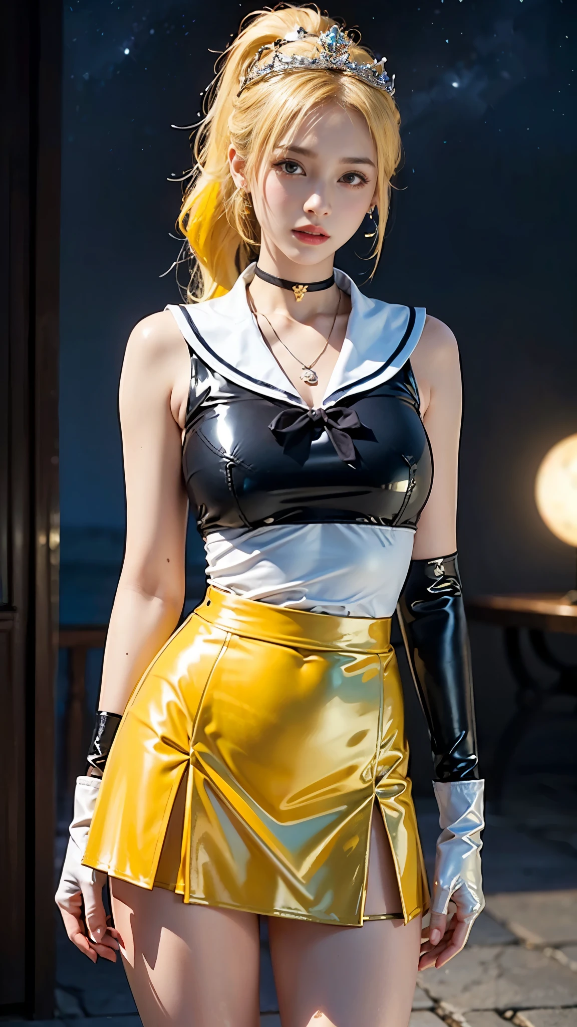 ((masterpiece:1.4)、(highest quality:1.4)、(Realistic:1.7))、Masterpiece:1.4、(Top-notch rendering:1.4)、beautiful girl、(beautiful girl戦士セーラームーン2:1.7)、moon野うさぎ、(Body Fit Sexy Sailor Warrior Uniform:1.4)、(Shiny latex:1.7)、(The jacket is a white sleeveless sailor suit....:1.4)、(Skirt Blue Sexy Ultra Ultra Pleated Mini Skirt:1.4)、The sailor suit collar has two thin blue lines...............:1.2、High leg swimsuit、Red cloth decoration on chest:1.2、(Wearing white gloves)、Cute Girl、Super Beauty、Sharp Focus、Portrait Photography:1.4、8k、Photorealistic images:1.4、(Perfect female body:1.4)、Perfect proportions、(Upper body shot:1.4)、Beautiful Face、Beautiful Eyes、(Narrow waist:1.4)、(9-body proportions beautiful girl:1.4)、(足が長くスタイルの良いbeautiful girl:1.4)、Beautiful feet:1.2、(Yellow Hair:1.4)、(Long Hair:1.2)、(ponytail:1.2)、Beautiful breasts、Large Breasts:1.2、sexy ass、Raw photo、Red lips、Red high heels:1.4、choker:1.4、necklace:1.4、Earrings:1.4、Gorgeous golden tiara:1.4、1 Screen Display:1.4、moon、universe、universe船、universeステーション、City of the Future