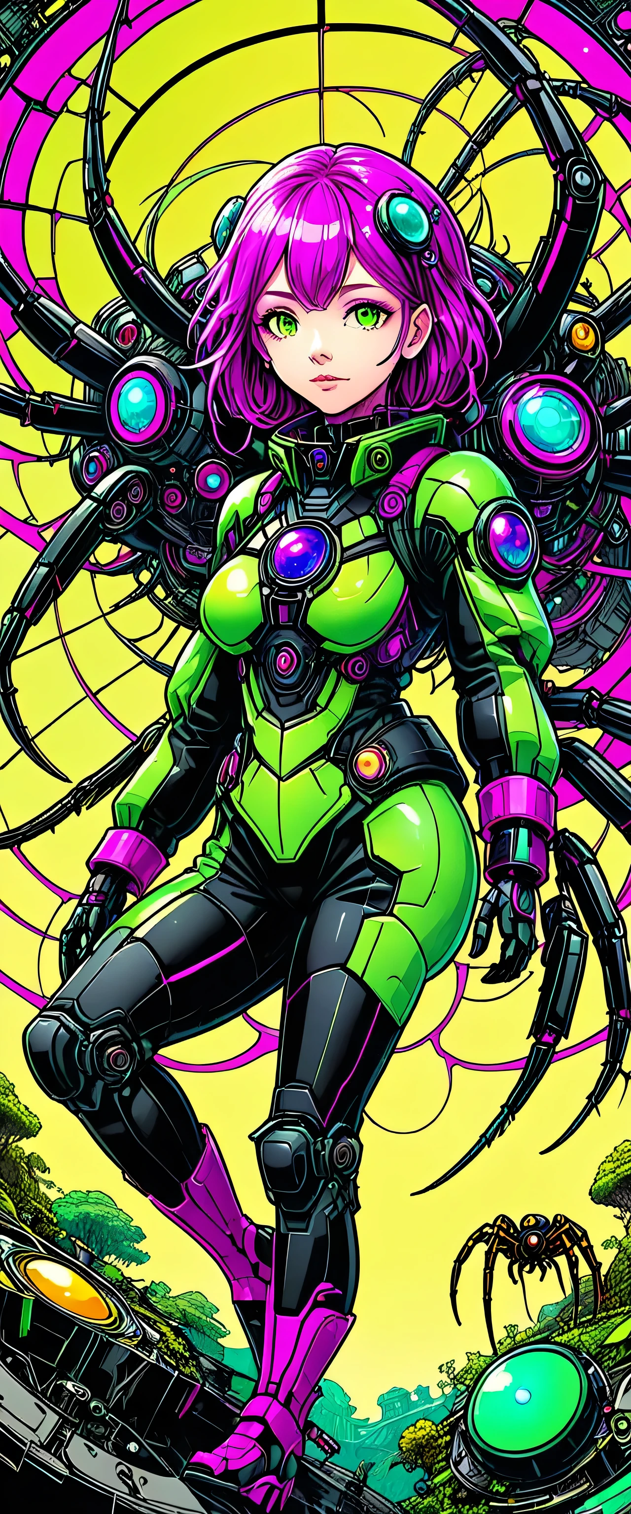 (best quality,32K,HD,4x ultra-sharp,high-res,professional),cinematic,fisheye photo,1 beautiful girl in technical clothing,mechanical spider,circles,fractals,(black contour art) by Yoshitaka Amano,Travis Charest. colores, tierra, cian, amarillo, verde. magenta, violeta