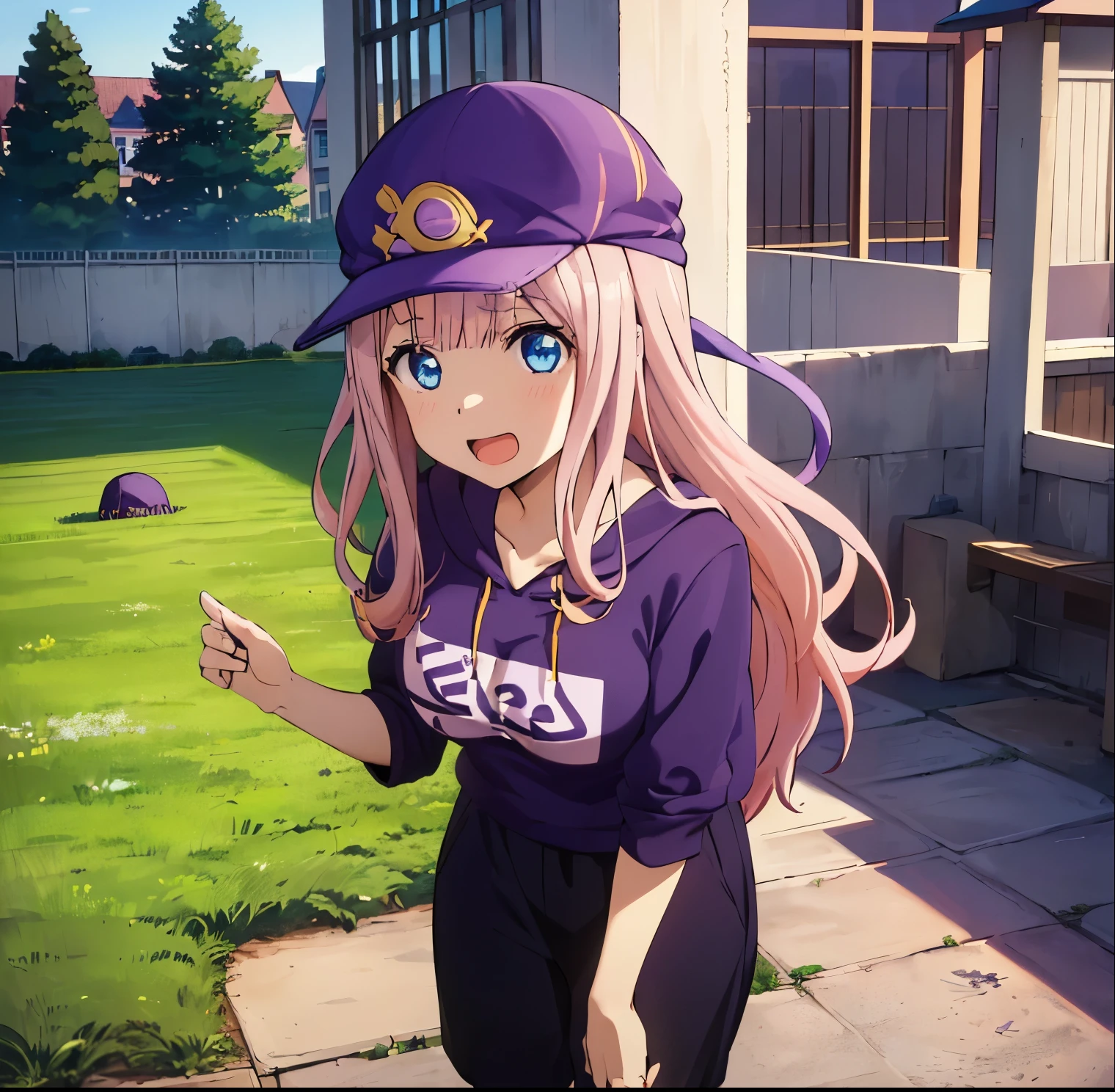 1girl, alone,chika fujiwara,best quality, (masterpiece:1.2), detailed, (kaguya-sama, open mouth, smile,
pink hair, blue eyes, long hair,
yellow hoodie, black pants, baseball cap, (purple cap:1.3), backwards hat,
standing, adjusting headwear, looking at the viewer,
outdoors, grass, perfect hands, perfect anatomy,