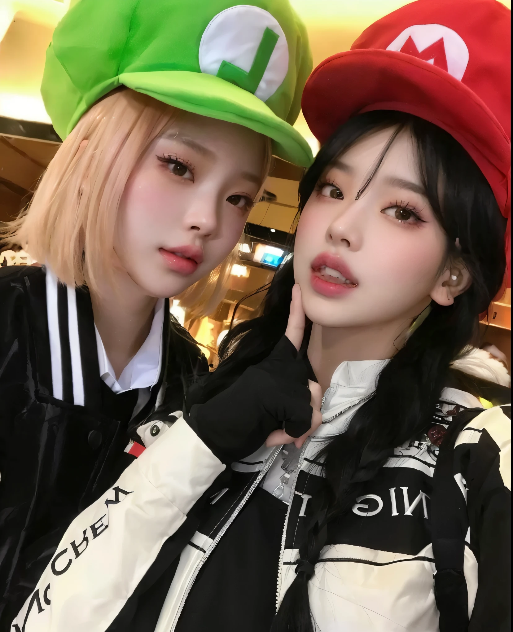 two young women wearing matching hats pose for a picture, nixeu and sakimichan, ulzzang, yoshitomo nara and aya takano, belle delphine, sakimichan, kda and sam yang, 🔞🤡, 💣 💥, profile pic, roseanne park of blackpink, e - girl, e-girl, with two characters , blackpink jennie , blackpink Lisa , asian famele face, asian face , cute famele 