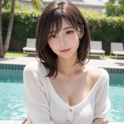 PureErosFace_V1, Best quality, pphotorealistic, 8K, high resolucion, 1girl, huge large breasts, perverted woman, (skin dent), (sportrait:0.6), gorgeou, dynamicpose, ((poolsidebackground:1.6)), coconut palms,fluffy tits(mediumsize roundbreast,white highnecksweater:1.4)), looking directly at the viewer:1.8, (1 girl looks at the audience with eyes, medium lenght hair, black har, Separate bangs:1.65), (Bokeh), Smile with:1.2, (closed mouths:1.16),