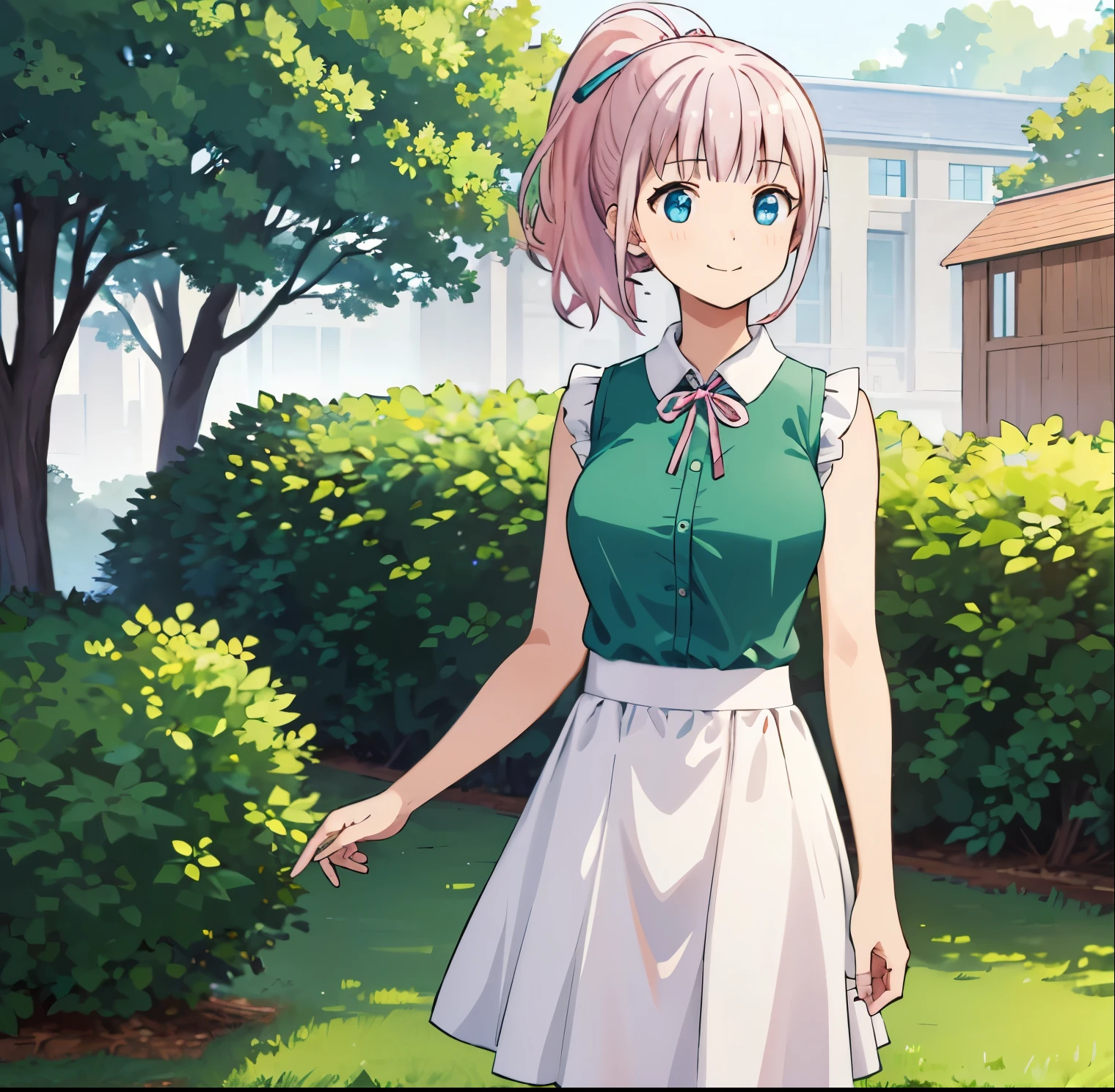 1girl, alone,chika fujiwarabest quality, (masterpiece:1.2), detailed, closed mouth, smile,
pink hair, blue eyes, ponytail, ribbon,
sleeveless shirt, green shirt, white skirt,
standing, looking at the viewer,
outdoors, perfect hands, perfect anatomy,