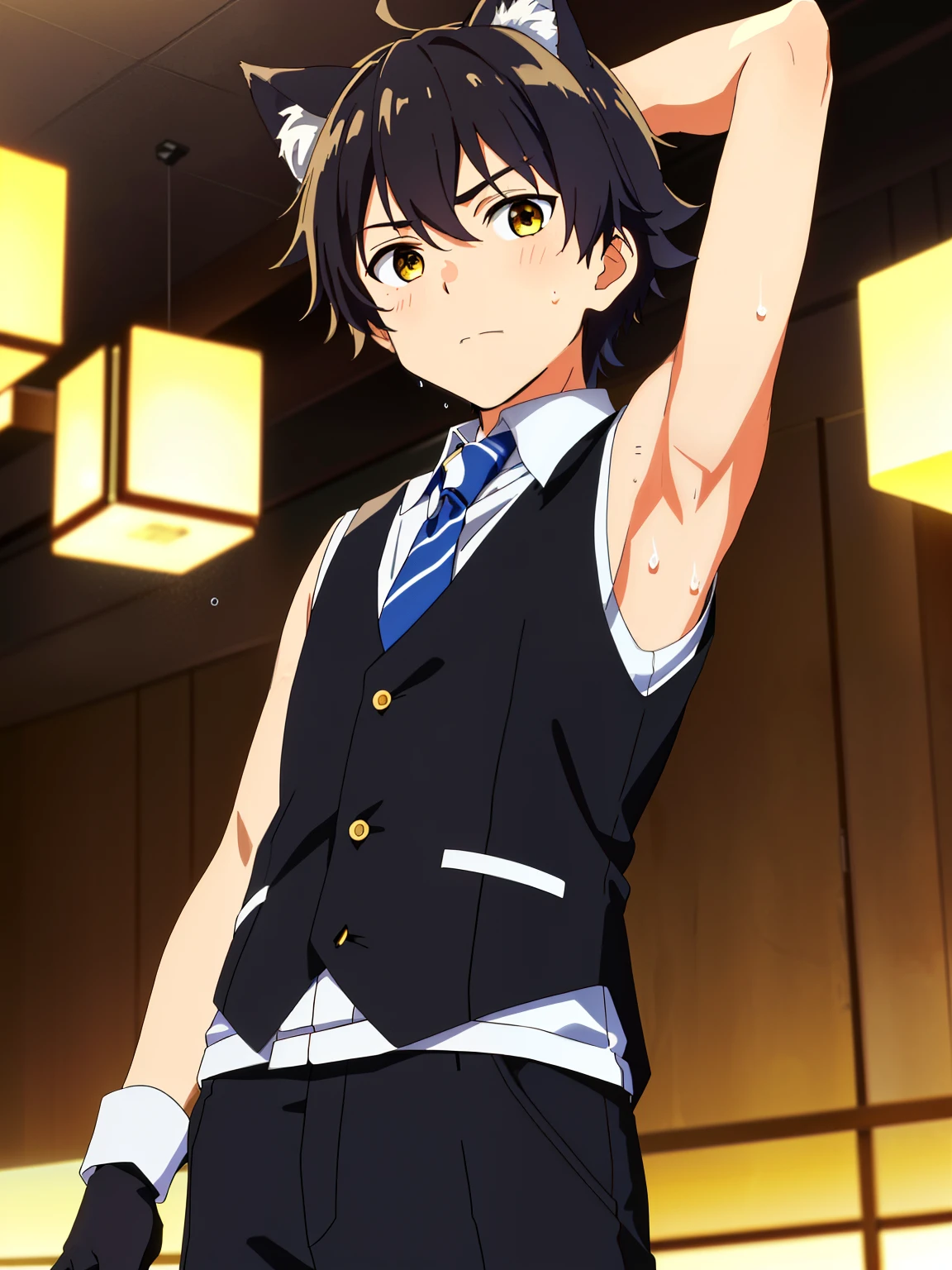 Highres, Masterpiece, Best quality at best,Best Quality,hight quality, hight detailed, 1boy, Boy, Cat boy, Cat ear, Messy hair, Side bangs, Shota, Sweat, Sleeveless vest, Tie, Glove, Depth of field, Anime screencap style, thin line, Seen from the front, Little sweat, Casino, Cute boy, (Showing armpit:1.3), (very small and short stature), (very young boy), s, Blurry and simple beckground, bokeh, Uhd