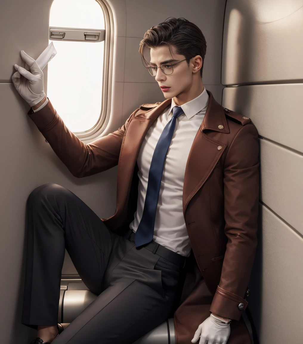 HD quality, high definition, a male flight attendant 20 years old handsome, muscular and slim, red lips, leaning against wall inside aircraft, ((exposed vagina)) , wearing open formal coat uniform, model with bracelets, earrings, with eye glasses, fully nude and naked body, eyebrowse angry, side view, wearing shoes, sexy and seductive, very wet body, very wet hair, ((exposed Vagina)), ((with necktie on the neck)), with gloves, full body view, serving wine, 