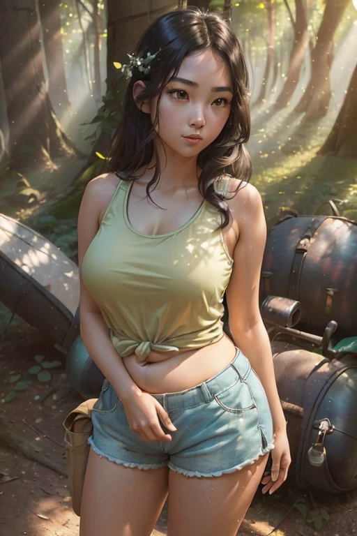 (Masterpiece:1.2), (One girl:1.5), (Engaging in a serene mountain pastime: fly fishing), (Japanese:1.4), (A beautiful girl with long, dark hair and captivating, brown eyes:1.3), (Slim and plump figure:1.6), (Detailed and beautiful skin that glistens in the sunlight:1.4), (Seductive body language:1.2), (Wearing shorts, a tank top, and trekking shoes for comfort and mobility:1.4), (Amidst midsummer, during the day with strong sunlight filtering through the trees:1.5), (