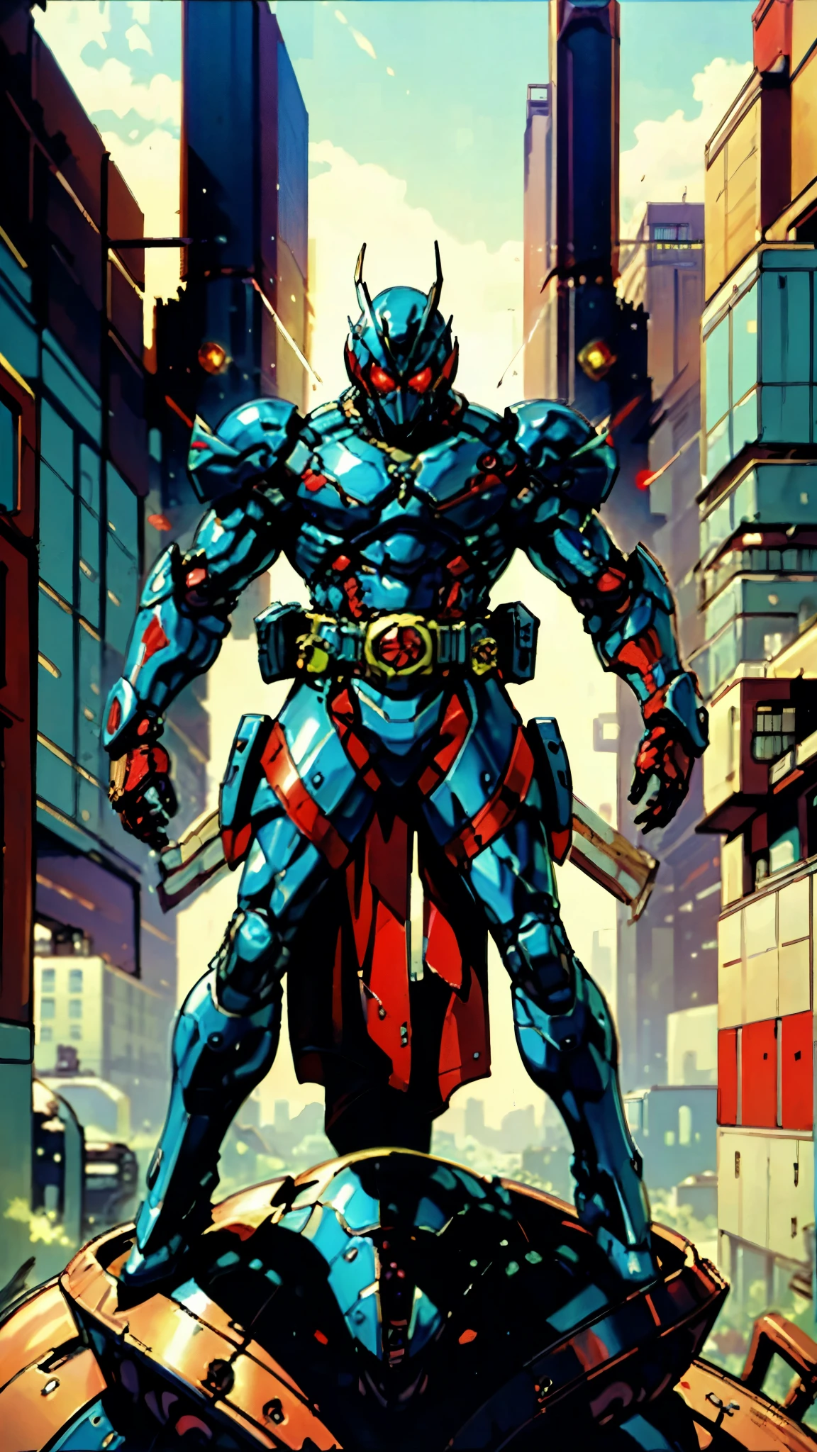 A man wearing a full-face helmet, a fantasy-style biotech armored combat suit, green eyes, (a composite layered chest armor), fully enclosed shoulder guards, matching arm and leg guards, the belt is adorned with dragon claw grasping orbs, (primarily black with red accents), the design balances heavy with agility, a high-tech bio-mecha armor, (lion concept Armor, stand on the top of a skyscraper in a futuristic sci-fi city), this character embodies a finely crafted fantasy-surreal style armored hero in anime style, exquisite and mature manga art style, (element, plasma, energy, the armor glows), ((male:1.5)), metallic, real texture material, dramatic, high definition, best quality, highres, ultra-detailed, ultra-fine painting, extremely delicate, professional, perfect body proportions, golden ratio, anatomically correct, symmetrical face, extremely detailed eyes and face, high quality eyes, creativity, RAW photo, UHD, 32k, Natural light, cinematic lighting, masterpiece-anatomy-perfect, masterpiece:1.5