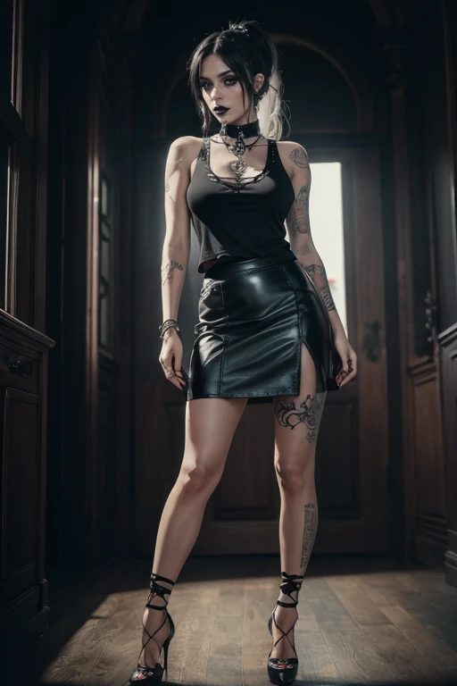 (gothic leather skirt, gothic sleeveless t-shirt, gothic collar, goth makeup, beautiful girl, gothic high heels, ponytail, gothic-style tattoo, cinematic lighting, full-body shot, 4K ultra HD, flawless face, super-detailed details)