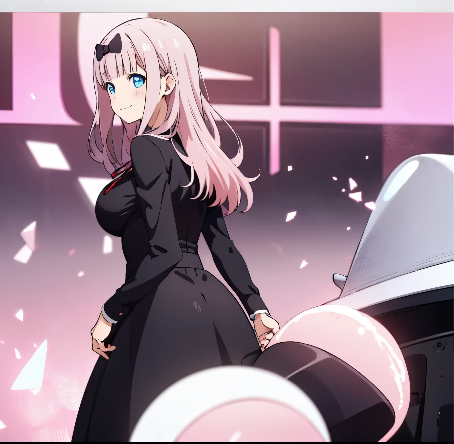 1girl, alone, chika,bangs, black_bow, black_dress, blue_eyes, blunt_bangs, blurry, blurry_background, blush, bow, breasts, depth_of_field, dress, fujiwara_chika, hair_bow, large_breasts, long_hair, long_sleeves, looking_at_viewer, pink_hair, ribbon, school_uniform, shuuchiin_academy_uniform, skirt, (smile:1.2), arms at sides, (simple backround:1.7), (pov:1.2), (white backround:1.2), perfect hands, perfect anatomy 