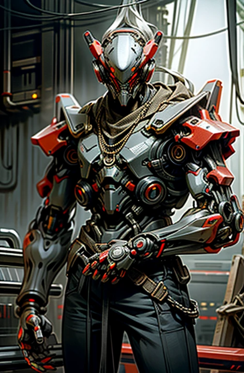 Dark_Fantasy,Cyberpunk,(chain saw,chain saw man,Red:1.1),1man,Mechanical marvel,Robotic presence,Cybernetic guardian,