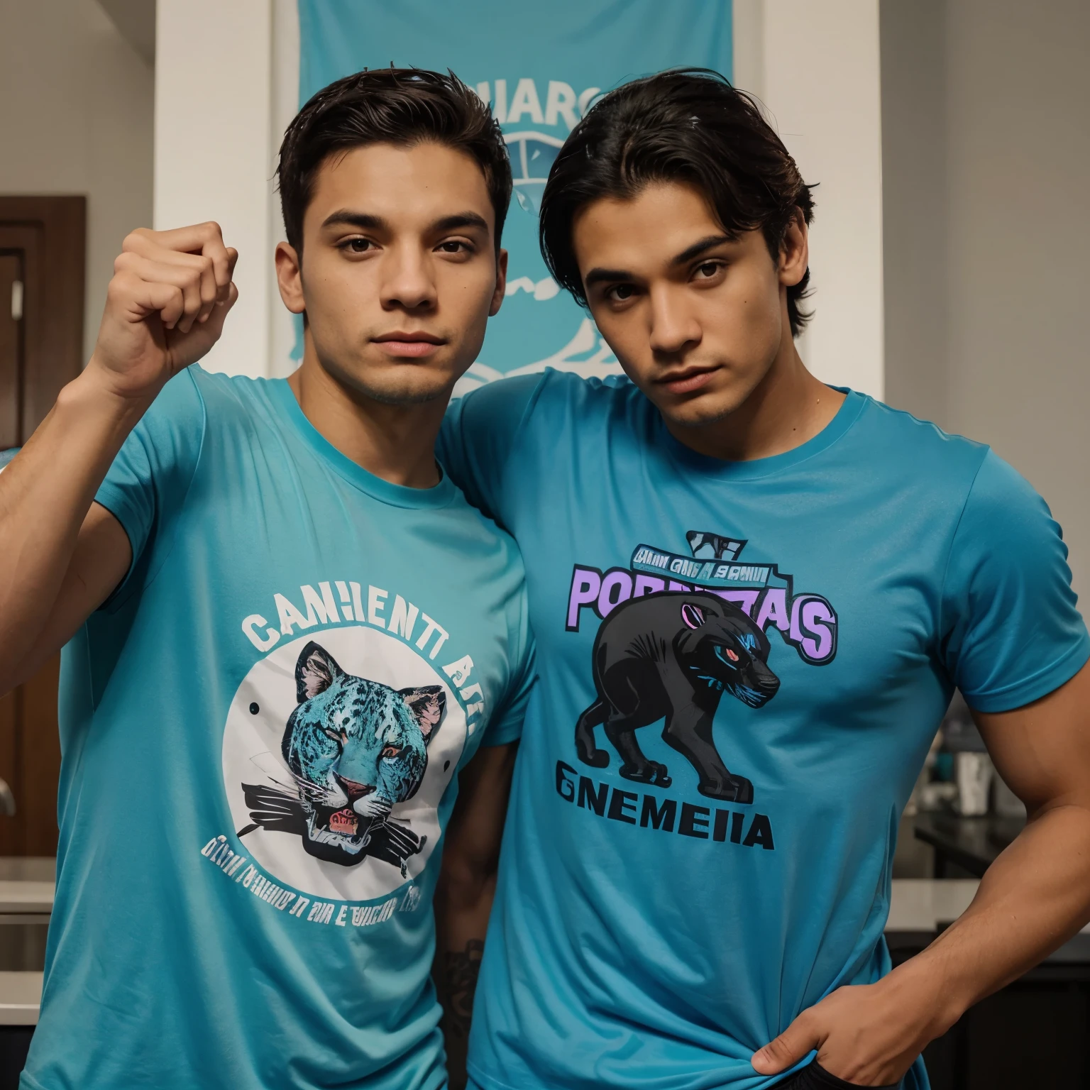 Por favor crie apenas uma camiseta universiraria masculina, essa camiseta deve conter dois animais juntos: a panther and a jaguar, the t-shirt details must be in tiffany blue and also in purple, abaixo dos animais deve estar escrito "Los Felinos"