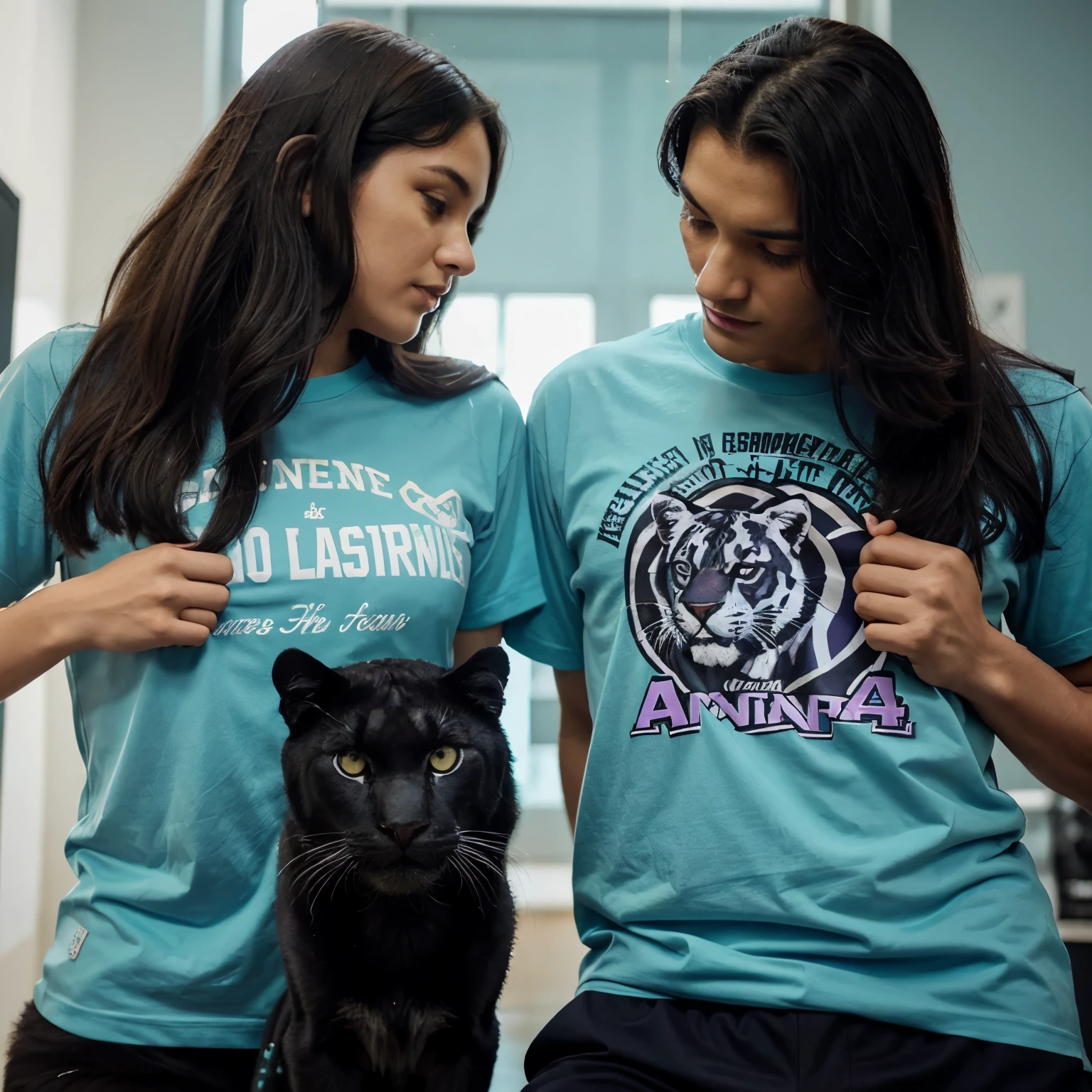 Por favor crie apenas uma camiseta universiraria masculina, essa camiseta deve conter dois animais juntos: a panther and a jaguar, the t-shirt details must be in tiffany blue and also in purple, abaixo dos animais deve estar escrito "Los Felinos"