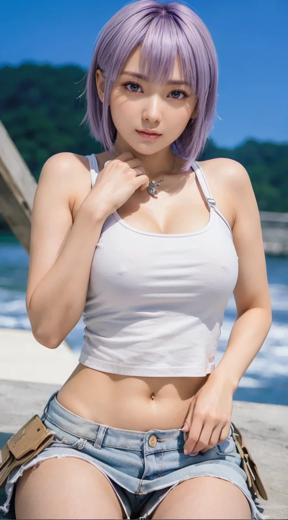 AYANE, purple hair, (melhor qualidade,ultra-detalhado,Realista:1.37), lindo rosto detalhado,Simetria perfeita,corpo perfeitamente modelado,Maquiagem perfeita,cores vivas,studio lighting