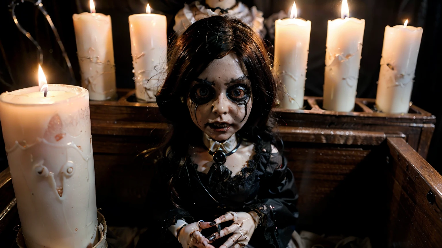 A scary, creepy, bizarre doll with terrifying details. The doll is inside a coffin at a wake. There are two candles burning next to the coffin.