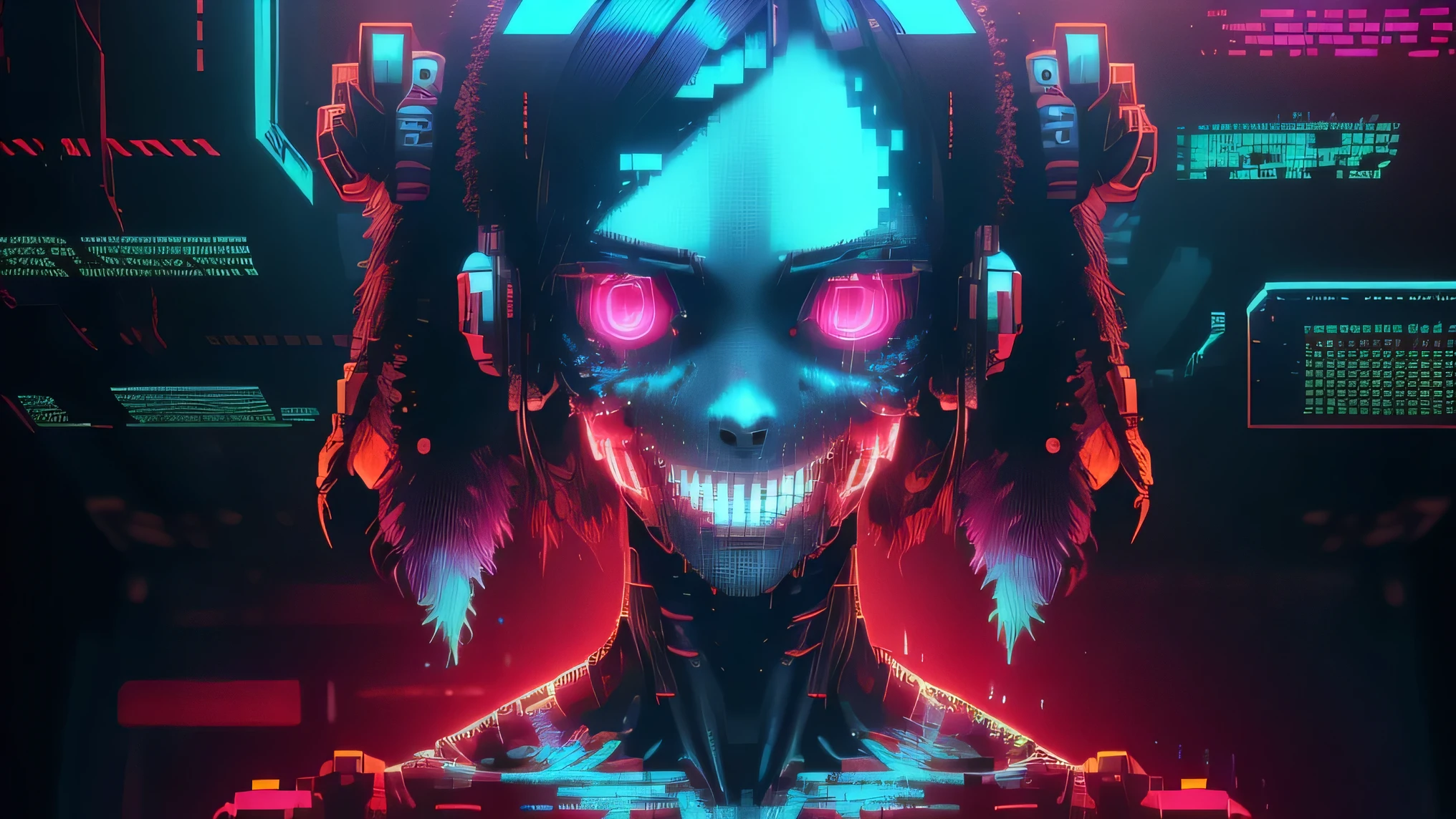matwaretech  , scifi, cyberpunk, pixelated,  malware glitch,  creepy ,
1girl, glowing hair ,