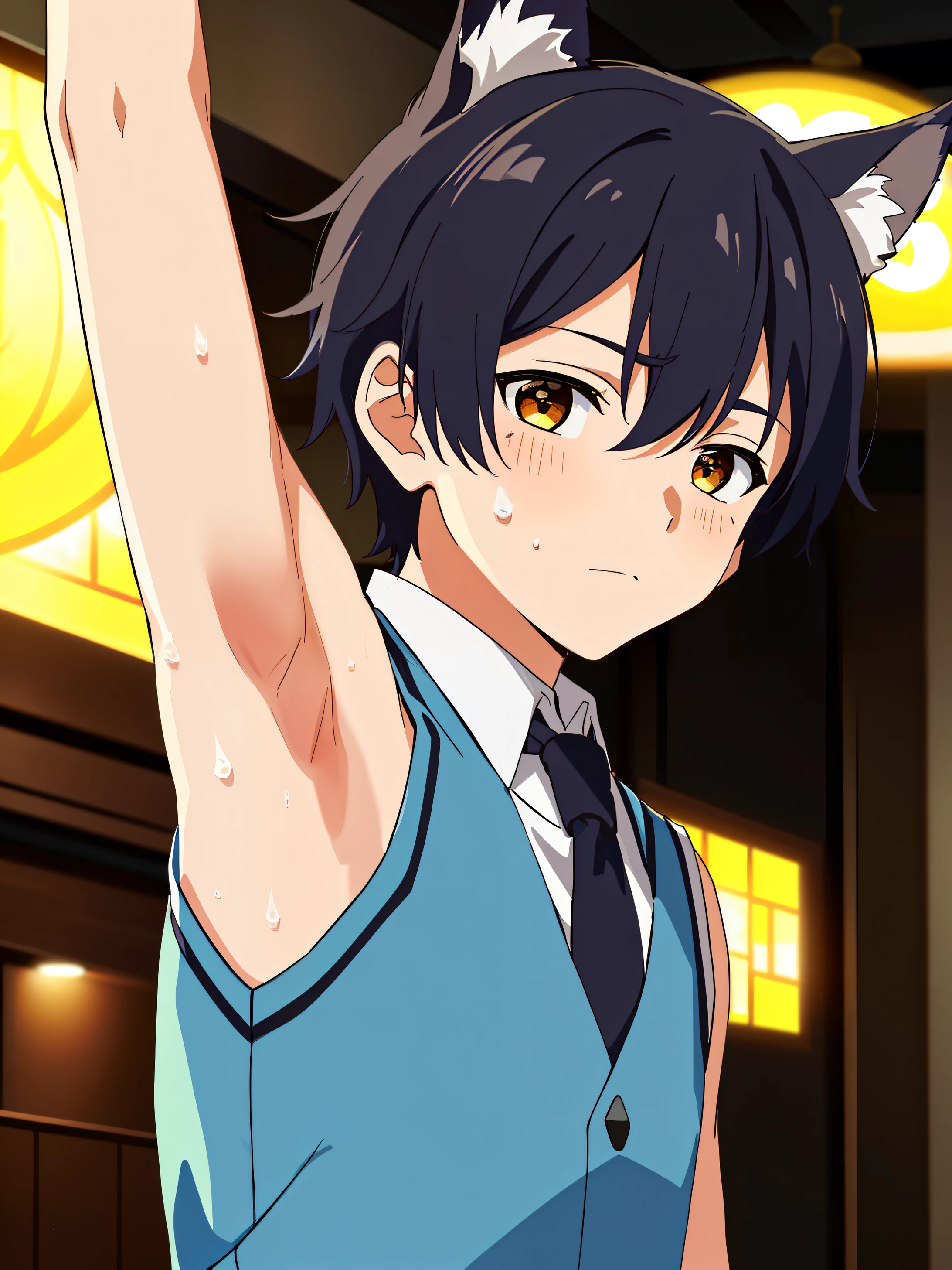 Highres, Masterpiece, Best quality at best,Best Quality,hight quality, hight detailed, 1boy, Boy, Dog boy, Dog ear, Messy hair, Side bangs, Shota, Sweat, Sleeveless vest, Tie, Glove, Depth of field, Anime screencap style, thin line, Seen from the front, Little sweat, Casino, Cute boy, (Showing armpit:1.3), (very small and short stature), (very young boy), 12-year-old boys, Blurry and simple beckground, bokeh, Uhd