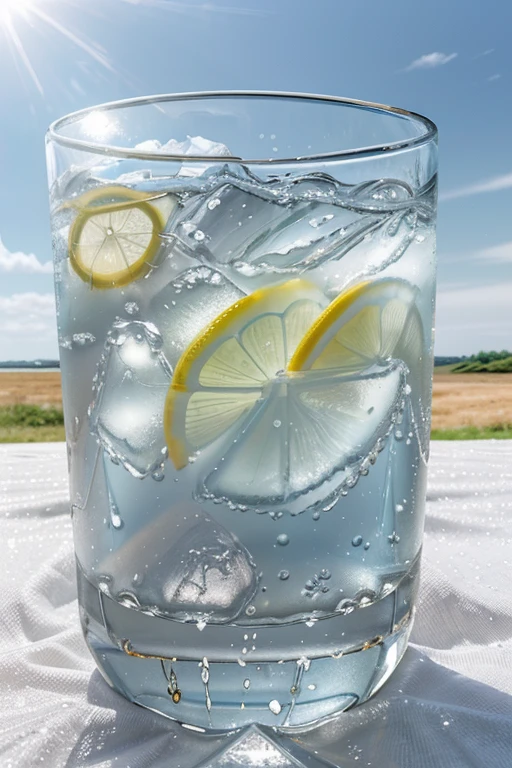 A glass of ice water filled with lemon sparkling water, Ice cubes, There is white paper next to it, in the sun,An empty grassland, No characters,Natural background, summer, Hot weather, high details, very humid humidity, high brightness, Wet watermark, over details,
