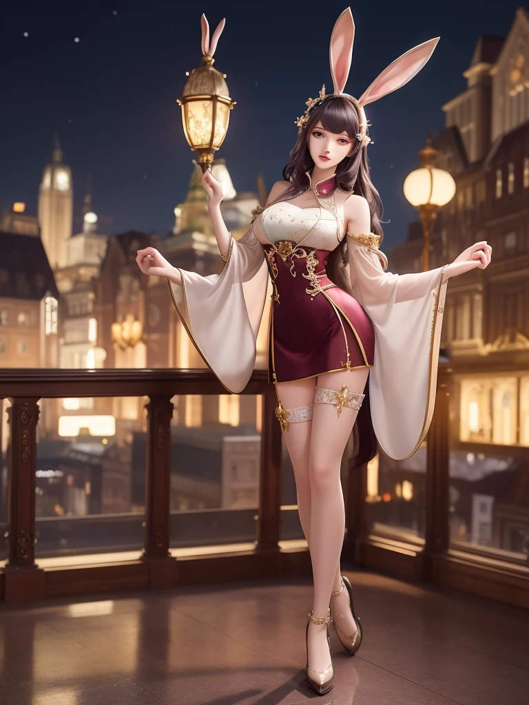 1girl,mature female, looking at viewer, cityscape, night, hair ornament, long hair, fake animal ears, skirt,shirt,clothing cutout, rabbit ears, detached sleeves, fancy outfits poses, full body