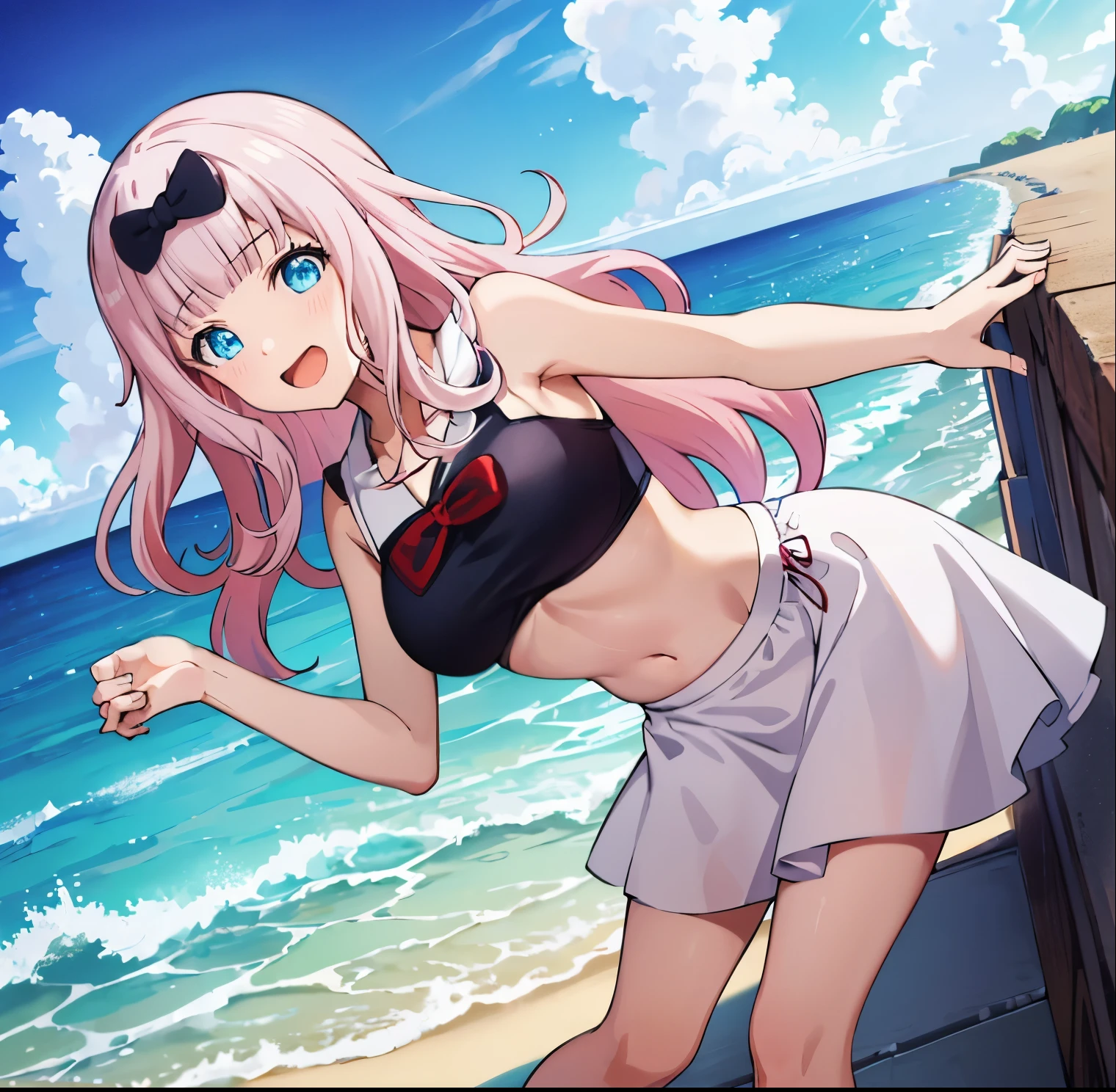 best quality, (masterpiece:1.2), detailed,
fujiwara chika (kaguya-sama),
1girl, solo, open mouth, smile,
pink hair, blue eyes, long hair,
hair bow, frilled bikini, aqua bikini,
standing, looking at the viewer,
beach, water, cloud