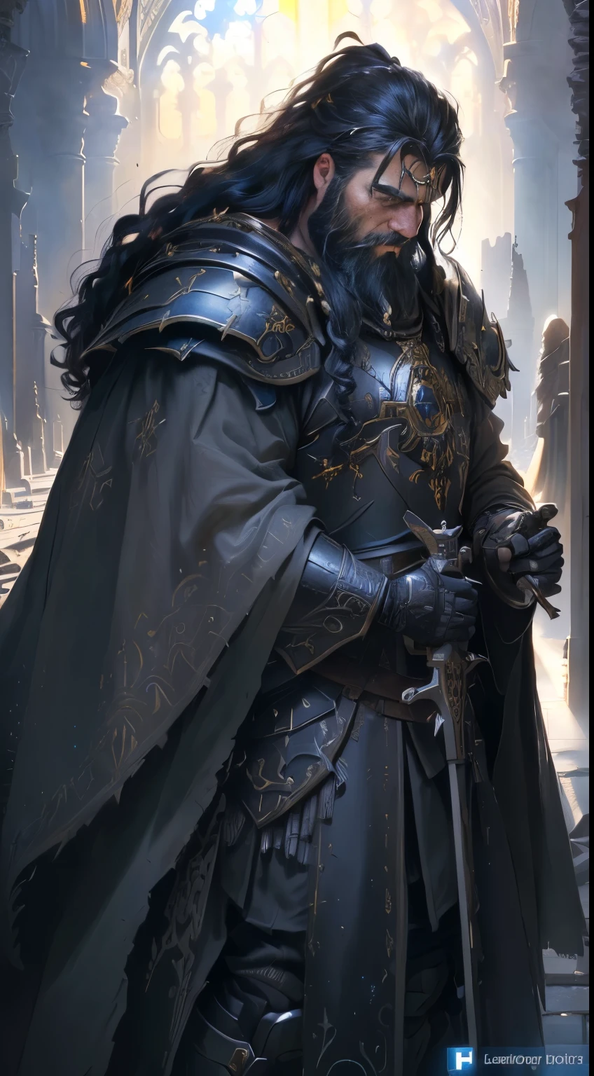 ((best quality)), ((masterpiece)), (detailed), perfect face cult holy warrior，abyss，Epic reality，(HDR: 1.4)，A strong dwarf wearing heavy armor，holding a giant sword and a flail，General，Large target, give nose，full，Strong，Savage，Thick black curls，Bearded，Beard becomes braid，Show your legs，（background：Black Hole，black sun，Cathedral，church）marvelous，incredible，Epic creation，(Intricate details)，(Intricate details，Super detailed:1.2)，Art Station，（masterpiece，Best quality）Surrealism, trace, Relief, Stereogram, Standing picture, Viewing angle, Atmospheric perspective, color field painting, Art Deco, Concept Art, Chiaroscuro, light, lens flare, Sony FE GM, 8k, Super Detail, precise, best quality, high resolution, high resolution, Awards, Anatomically correct，（Under your feet：Destroyed buildings，broken helmet）dark background，Full body image
