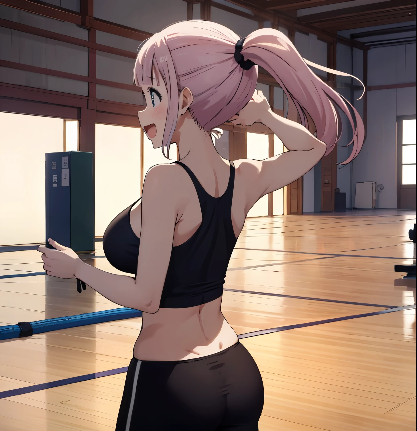 masterpiece, best quality, highres,  1girl,alone, fujiwara chika,black bow,  blunt bangs,sidelocks, high ponytail,scrunchie,   neck ribbon, large breasts,sports bra, yoga pants, cleavage,  cowboy shot, standing,from behind, ass,  :d, smile,blush, gym,thumbs up,blues eyes