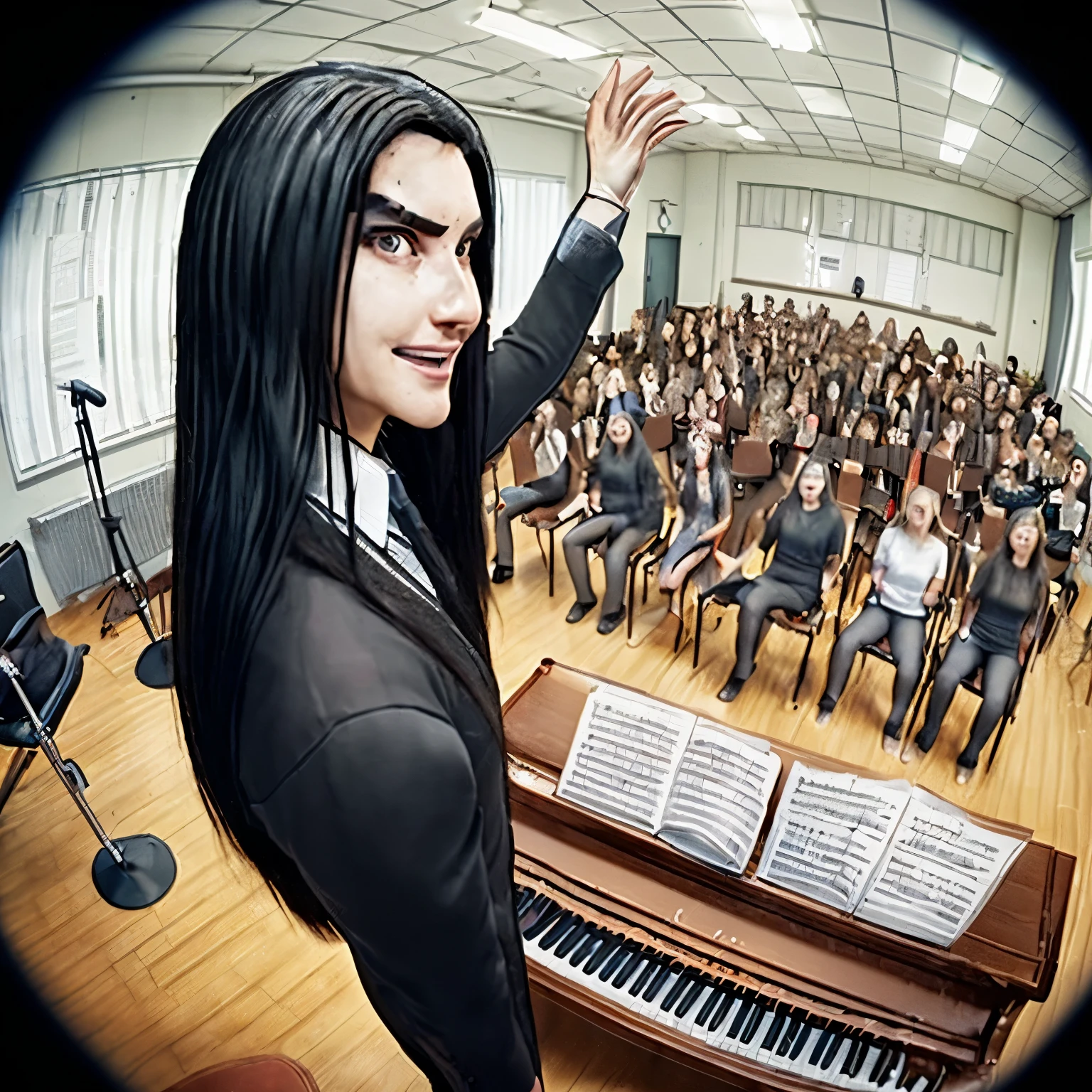 create a realistic 3d fisheye lens imageof a choir teacher with long straight black hair , teaching a class of dazed students. they are in a choir room, surronded by chairs, band stands and the teacher is standing in front of the piano with one arm raised. she as a devious smile on her face