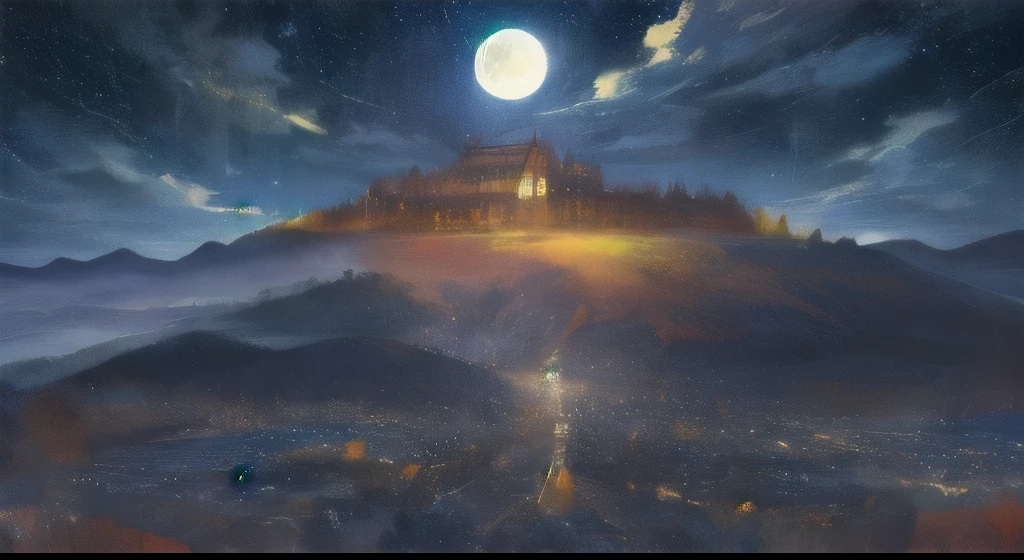 Create a stunning and breathtaking image of a starry night sky with vibrant colors and a sense of tranquility. Incorporate a majestic moon that illuminates the landscape and captures the viewer's attention.