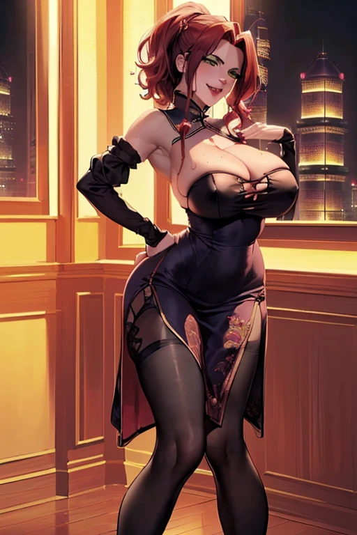 masterpiece, best quality, ultra high res, ultra-detailed, inside a luxurious bar, night, a windows with a beautiful night city landscape, malty, slut, solo, (red hair, green eyes: 1.4), red lipstick, red eyeliner, (gigantic tits and giant cleavage: 1.4), hairy pubic hair, (erotic black china dress, black tights, black high heels: 1.5), looking at the viewer, sexual alluring expression, moaning, pleasure face, horny, very erotic face, wet, (malty is standing in a very sexy pose with a hand on her hip while looking at the viewer with a very sexual and horny face and an alluring smile: 1.6), (bottom close pussy photo: 1.5)