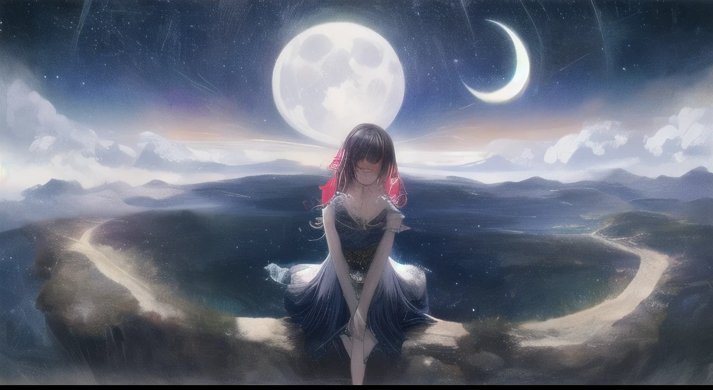 Create a stunning and breathtaking image of a starry night sky with vibrant colors and a sense of tranquility. Incorporate a majestic moon that illuminates the landscape and captures the viewer's attention.
