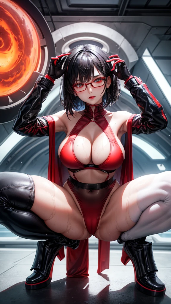 Beautiful girl,Korea, sitting on magma, futuristic,
 18 years old,Short hair, shoulder length,black hair, big breasts,wet, sweat, camel toe, red lips ,Wear glasses,
White underwear, sexy pose,
 red eyes,  Behind the scenes of the high-tech world, Squat and spread your legs.,