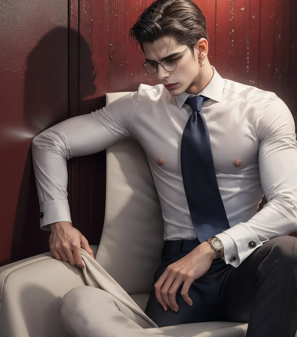 HD quality, high definition, a male flight attendant 20 years old handsome, muscular and slim, red lips, leaning against wall inside aircraft, ((exposed vagina)) , wearing open formal coat uniform, model with bracelets, earrings, with eye glasses, fully nude and naked body, eyebrowse angry, side view, wearing shoes, sexy and seductive, very wet body, very wet hair, ((exposed Vagina)), ((with necktie on the neck)), with gloves, full body view, serving wine to passenger