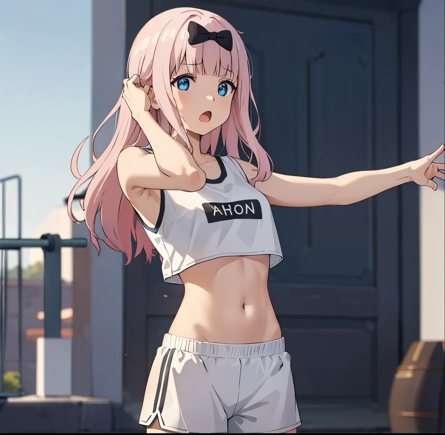 1girl, alone, chika fujiwara,masterpiece,best quality, tied shirt, navel, outdoors, looking at viewer, white shirt, black bow, blurry background, midriff, blue shorts, :o, cowboy shot, open mouth, gym shorts, stomach, standing, day, sleeveless, hands up, gym uniform, fox shadow puppet, \\m/, contrapposto, perfect hands, perfect anatomy,