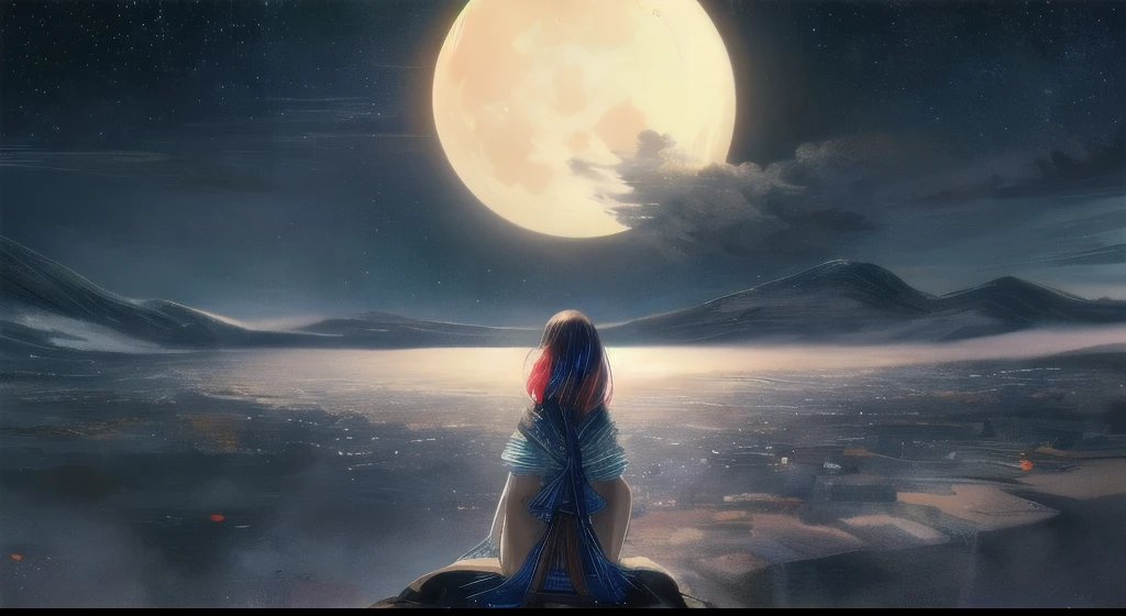 Create a stunning and breathtaking image of a starry night sky with vibrant colors and a sense of tranquility. Incorporate a majestic moon that illuminates the landscape and captures the viewer's attention.